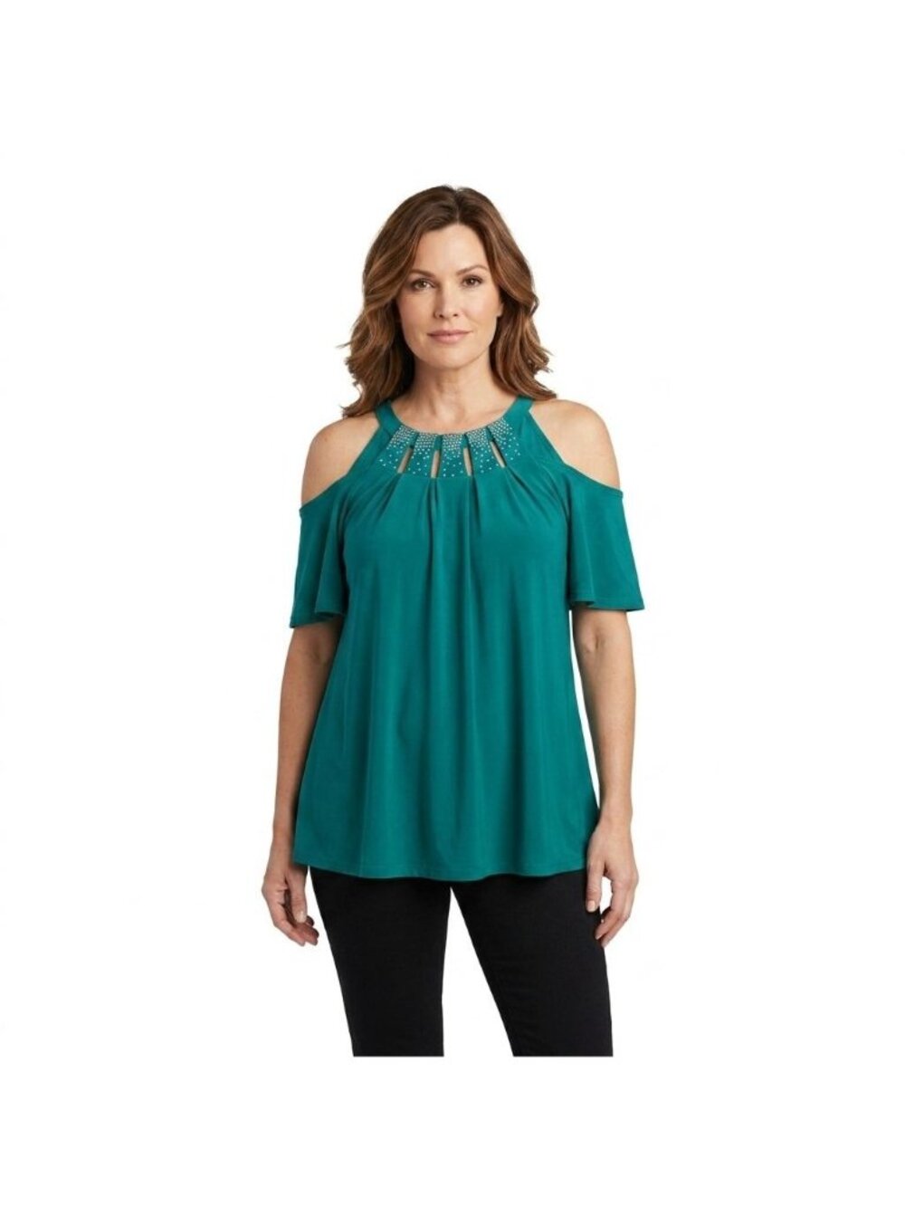 Late August Green Cold Shoulder Top Women Size L Studded Neckline Short Sleeve